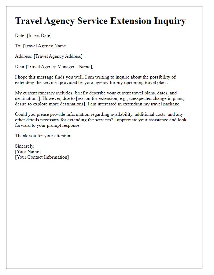 Letter template of travel agency service extension inquiry