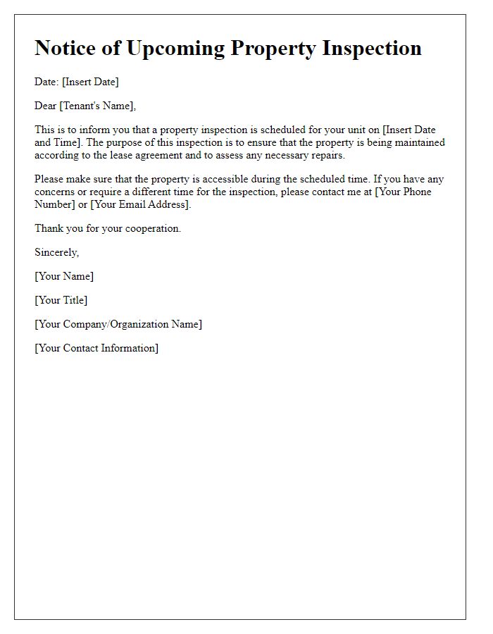 Letter template of Notice for Upcoming Tenant Property Inspection