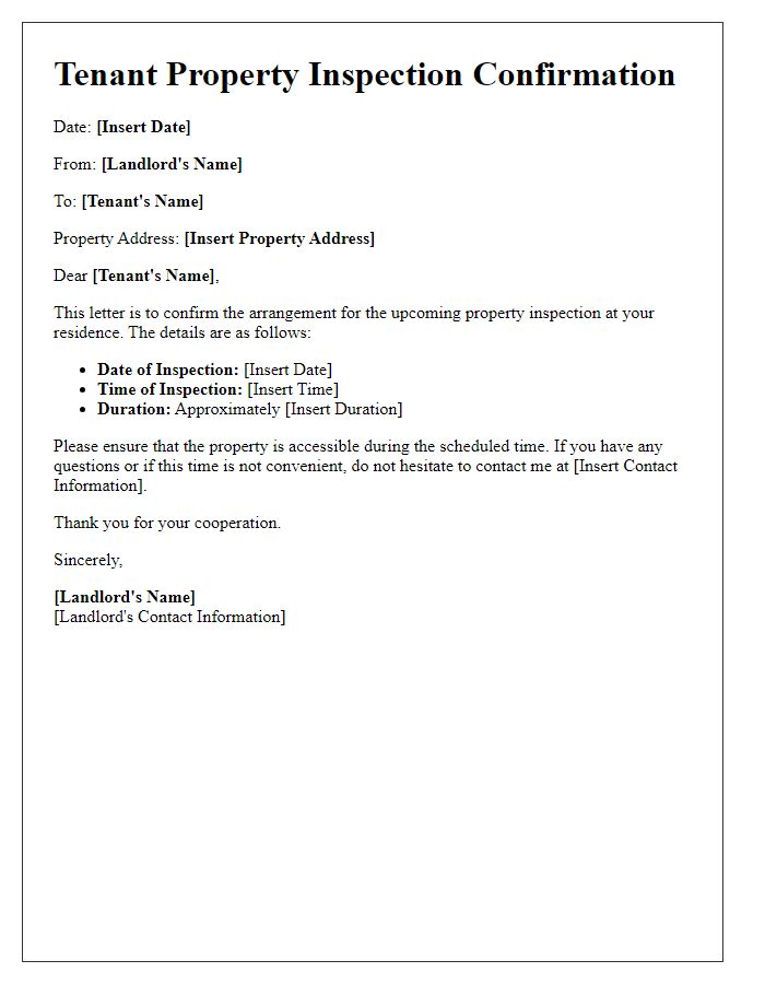 Letter template of Tenant Property Inspection Confirmation