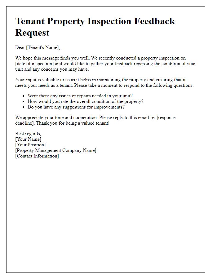 Letter template of Tenant Property Inspection Feedback Request