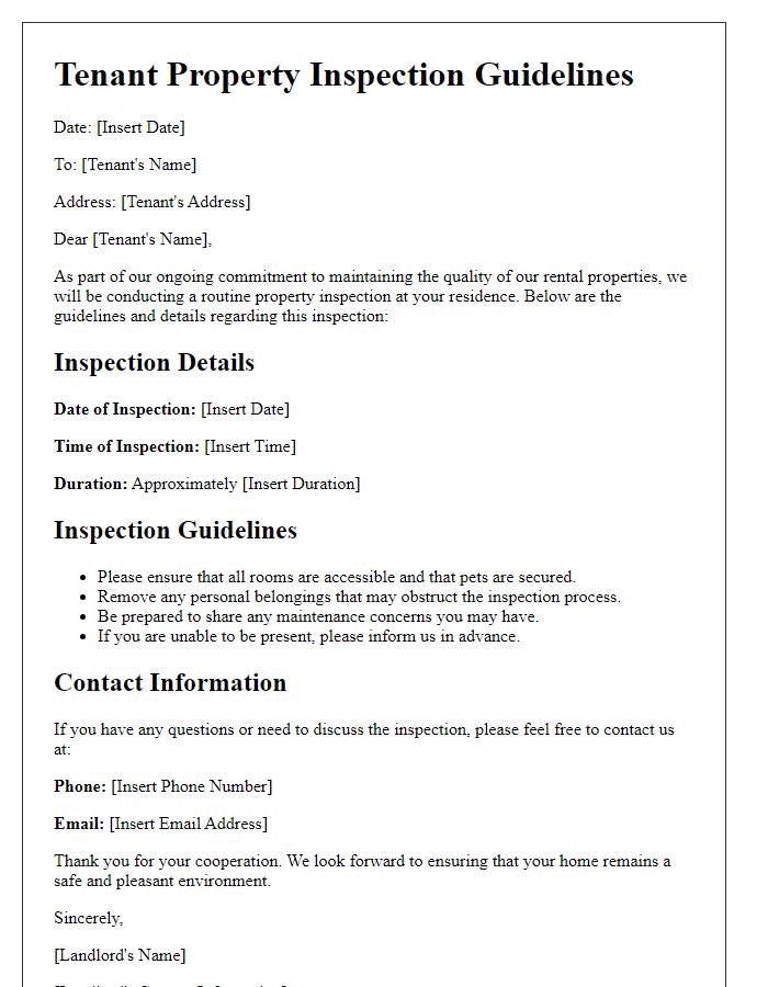 Letter template of Tenant Property Inspection Guidelines