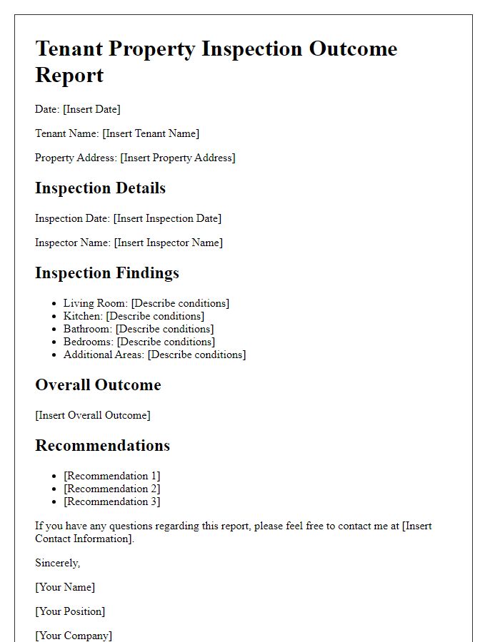 Letter template of Tenant Property Inspection Outcome Report