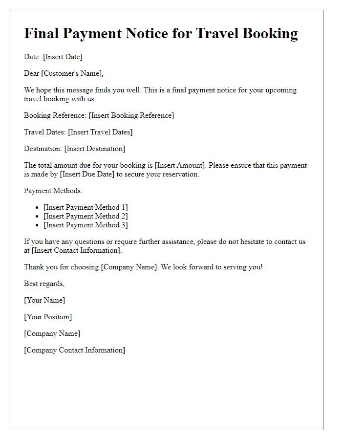 Letter template of final payment notice for travel booking