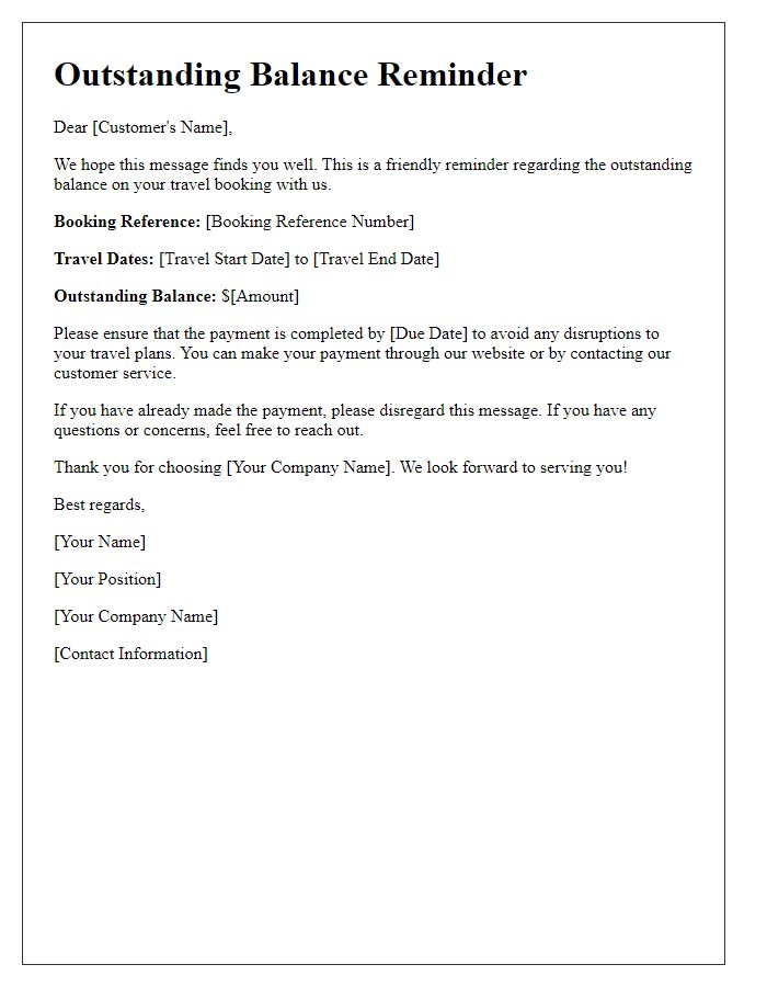 Letter template of travel booking outstanding balance reminder