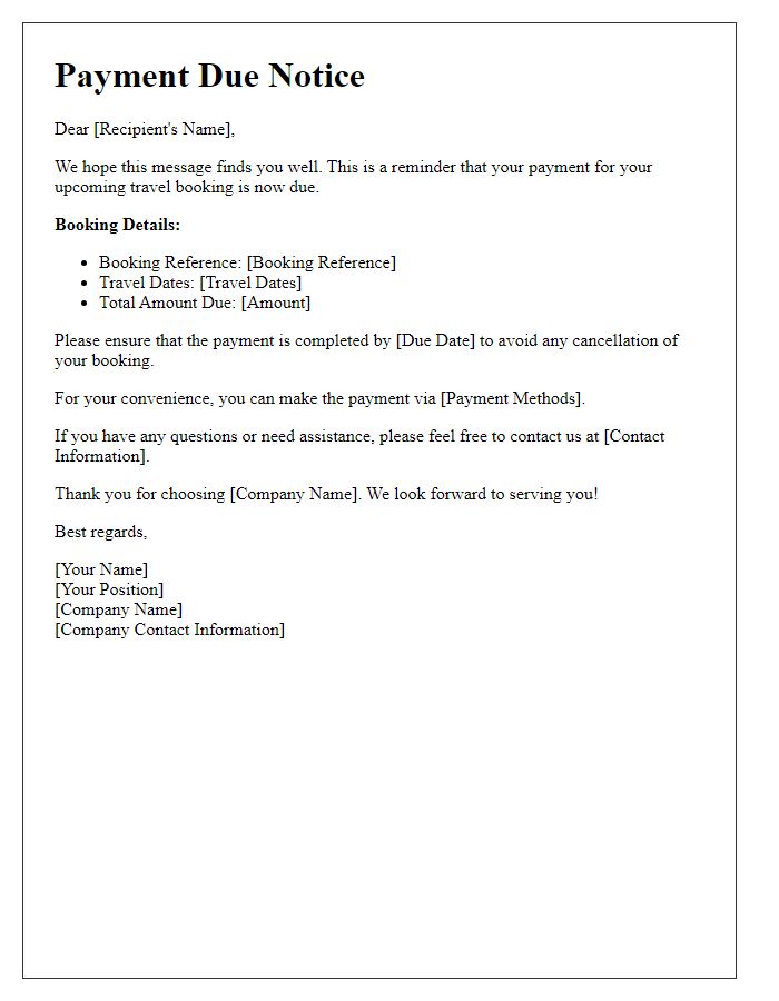 Letter template of travel booking payment due notice