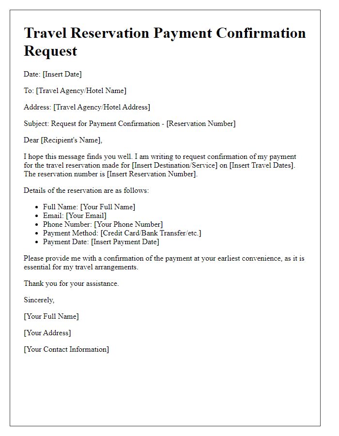 Letter template of travel reservation payment confirmation request