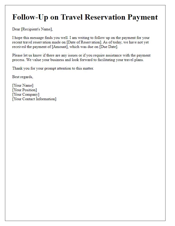 Letter template of travel reservation payment follow-up