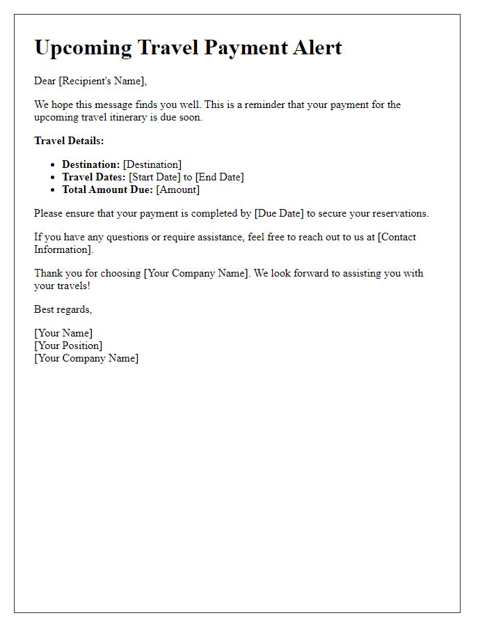 Letter template of upcoming travel payment alert