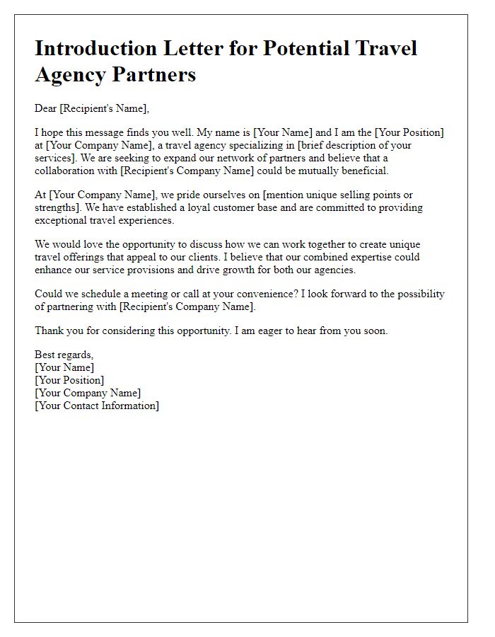 Letter template of introduction for potential travel agency partners.