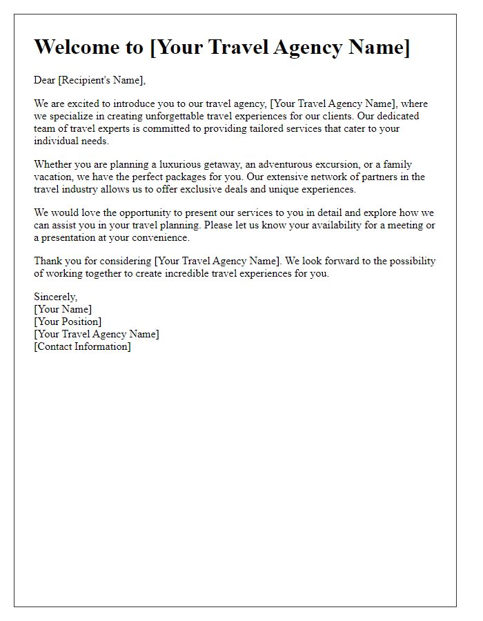 Letter template of introduction for travel agency service presentations.