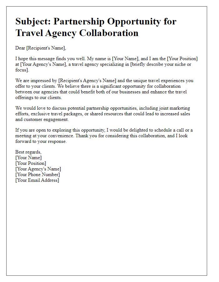 Letter template of outreach for travel agency business collaboration.