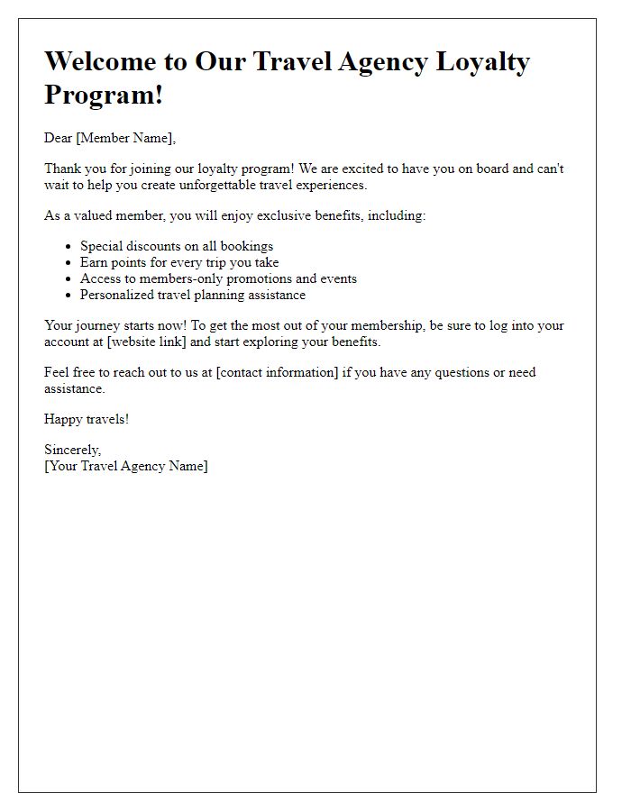 Letter template of welcome for travel agency loyalty program members.