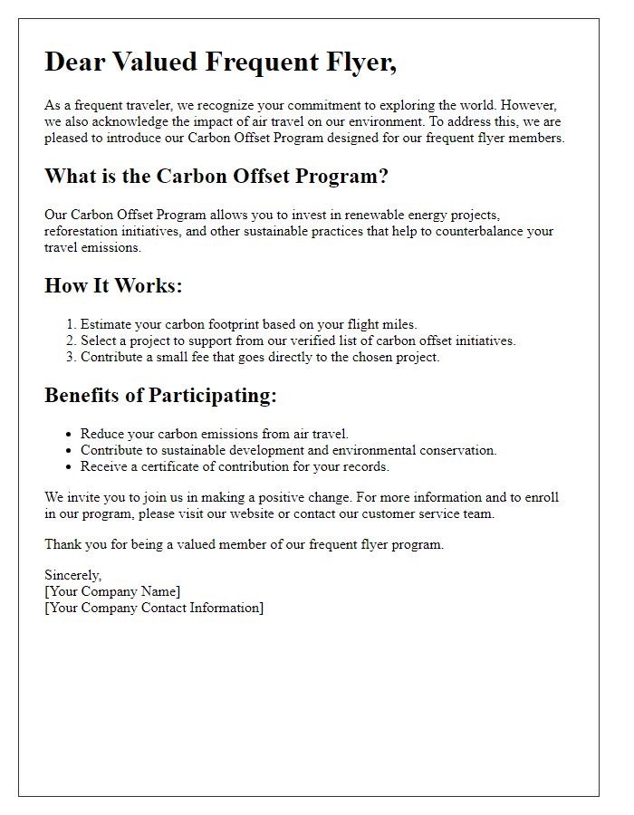 Letter template of carbon offset policies for frequent flyers.