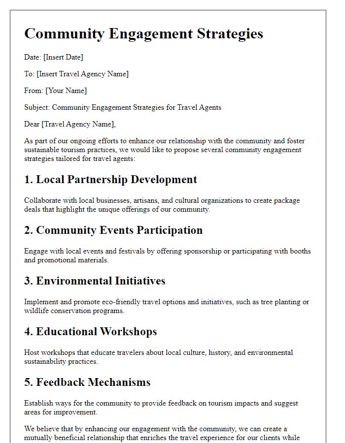 Letter template of community engagement strategies for travel agents.