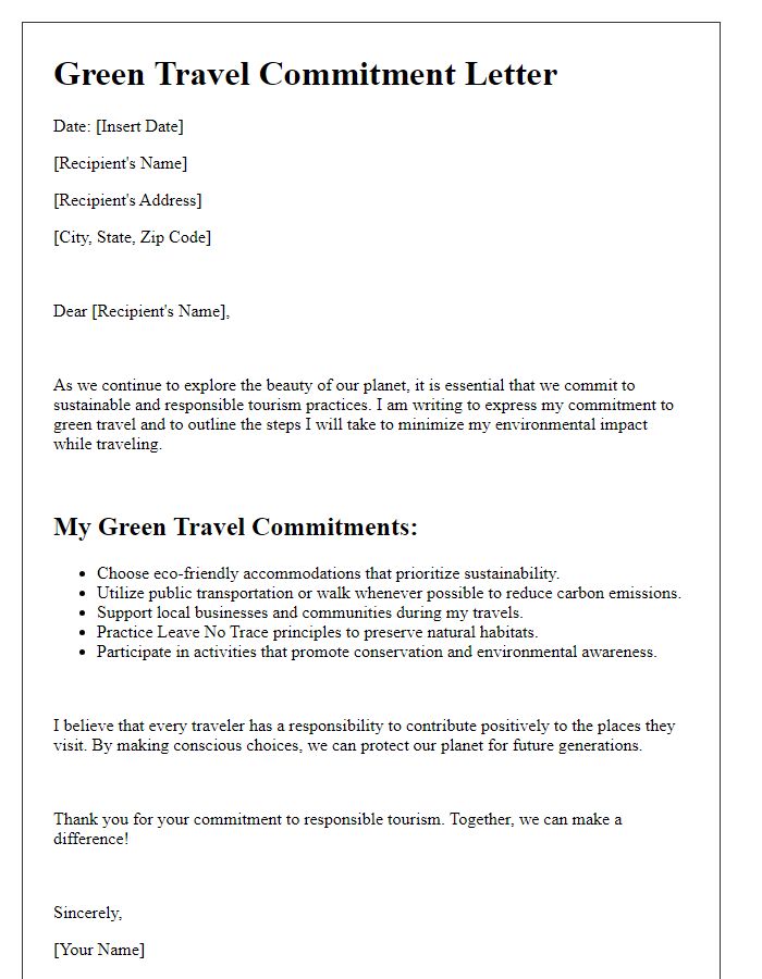 Letter template of green travel commitments for responsible tourism.