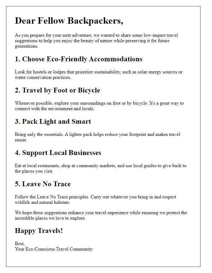 Letter template of low-impact travel suggestions for backpackers.