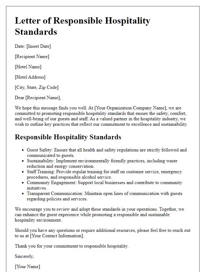 Letter template of responsible hospitality standards for hotel operators.