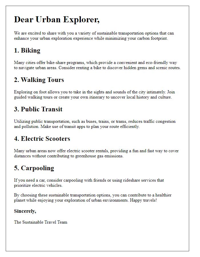 Letter template of sustainable transportation options for urban explorers.