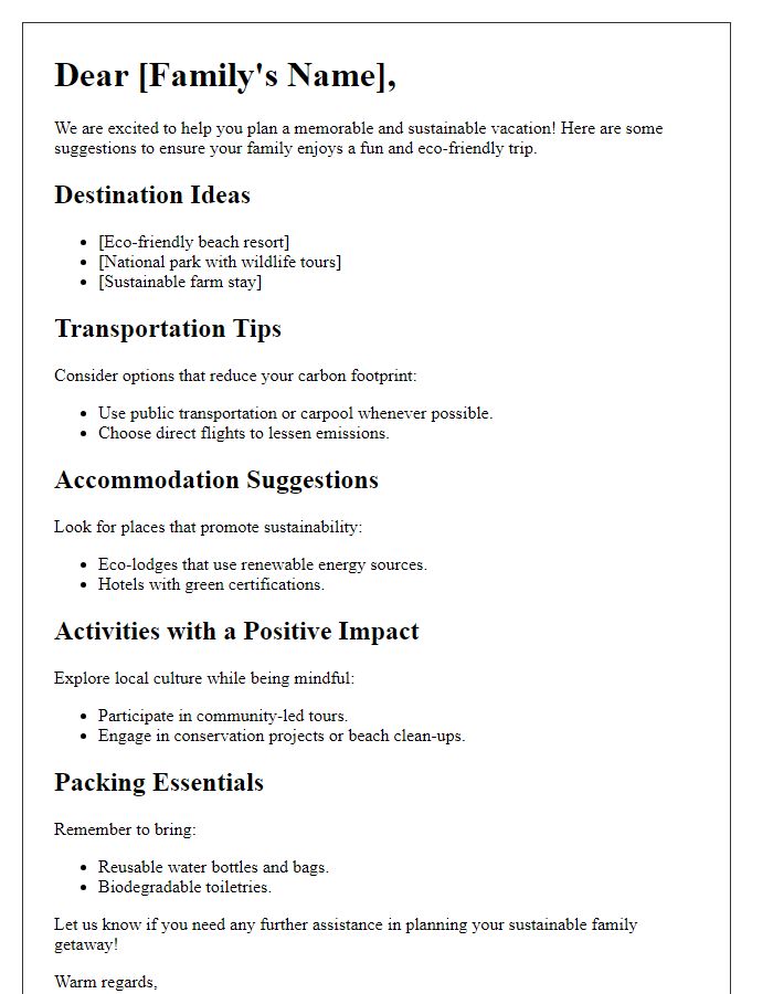 Letter template of sustainable vacation planning for families.