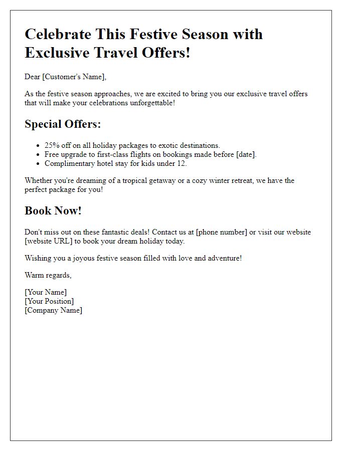 Letter template of festive season travel offers.