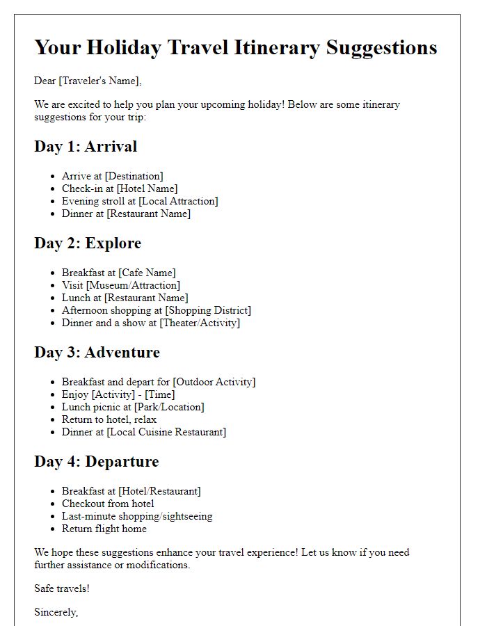 Letter template of holiday travel itinerary suggestions.