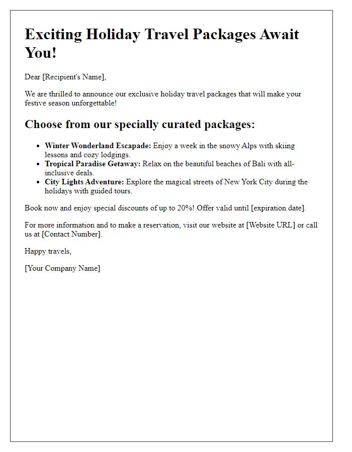 Letter template of holiday travel package promotions.