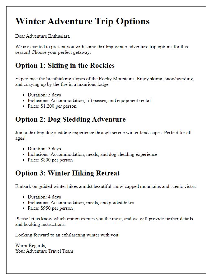 Letter template of winter adventure trip options.