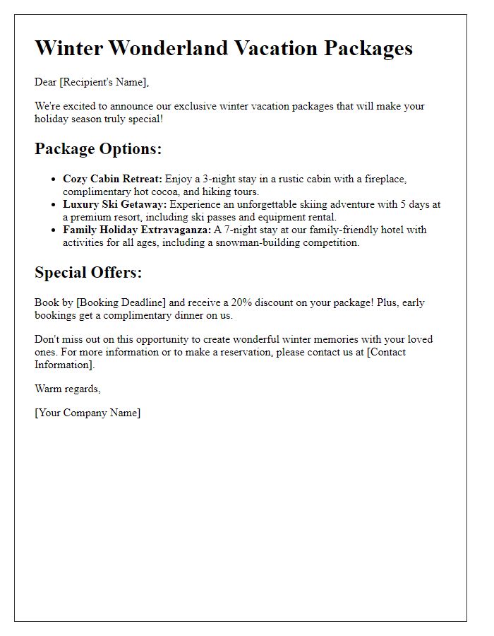 Letter template of winter vacation package offers.