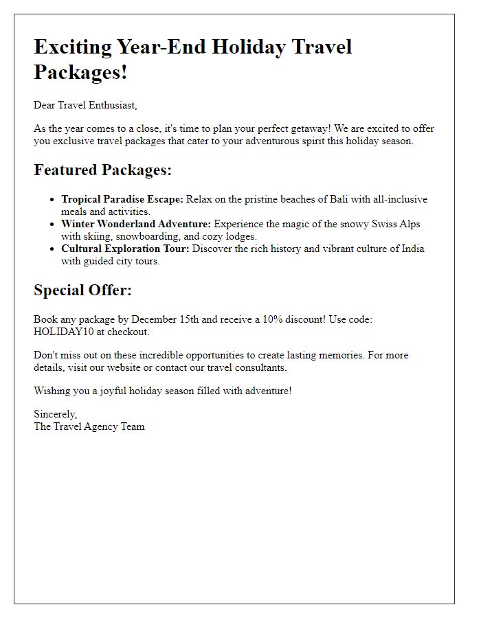 Letter template of year-end holiday travel packages.