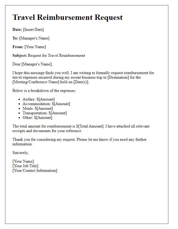 Letter template of travel reimbursement request for business meetings.