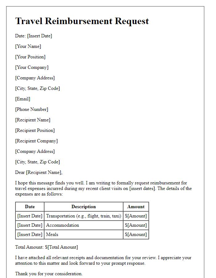 Letter template of travel reimbursement request for client visits.