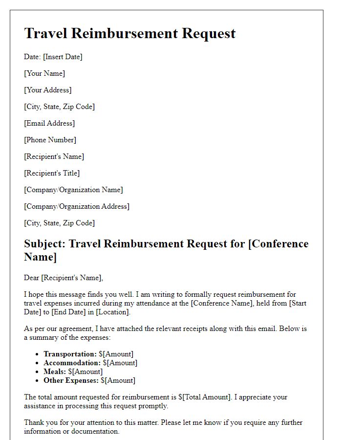 Letter template of travel reimbursement request for conference attendance.