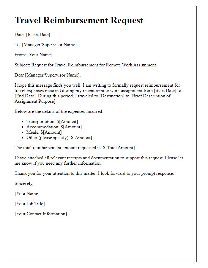 Letter template of travel reimbursement request for remote work assignments.