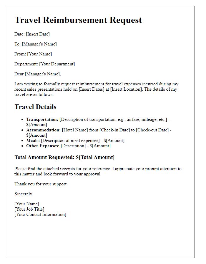 Letter template of travel reimbursement request for sales presentations.