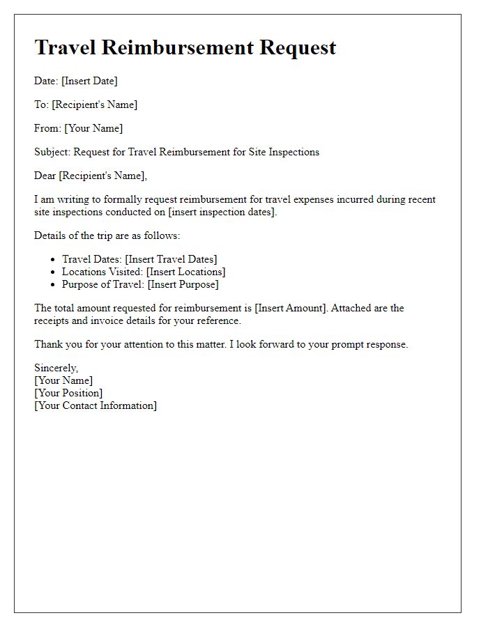 Letter template of travel reimbursement request for site inspections.