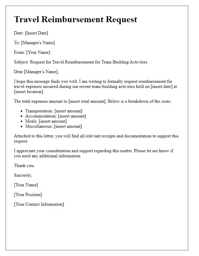 Letter template of travel reimbursement request for team-building activities.