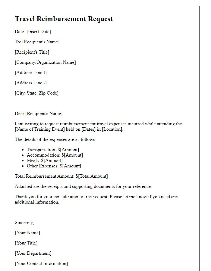 Letter template of travel reimbursement request for training events.