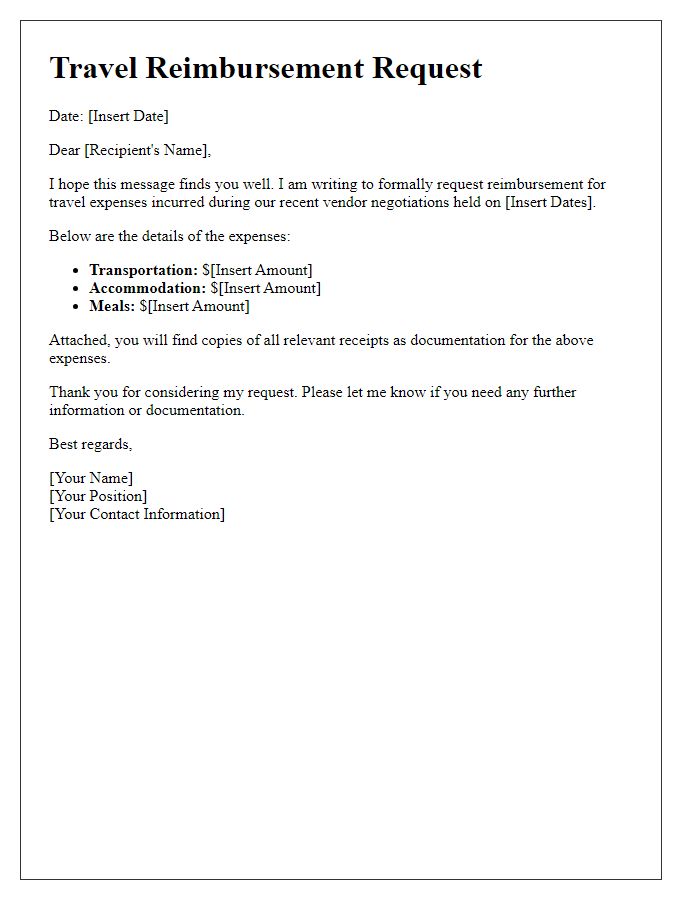 Letter template of travel reimbursement request for vendor negotiations.