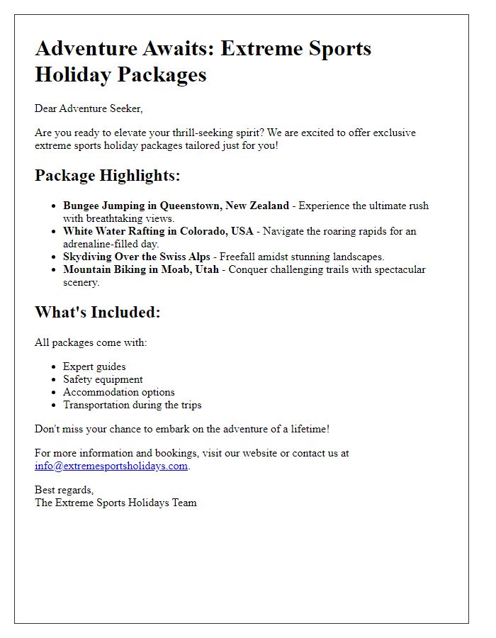 Letter template of extreme sports holiday packages