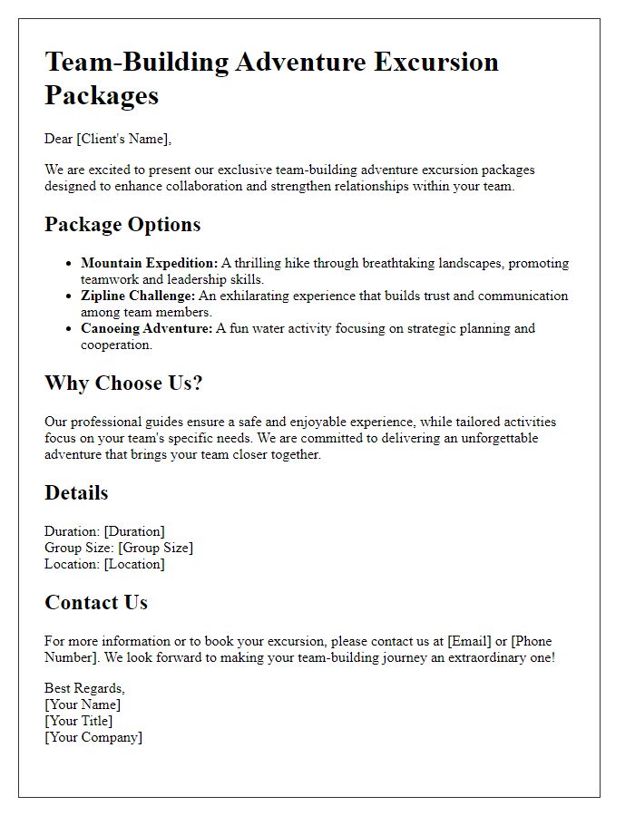 Letter template of team-building adventure excursion packages