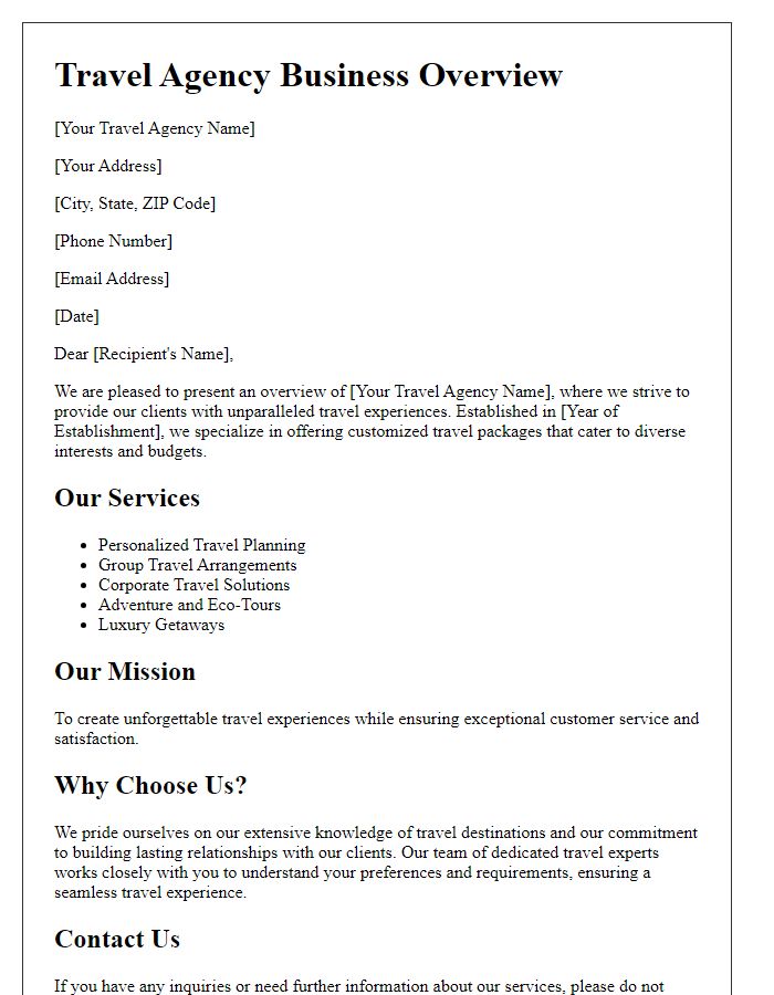 Letter template of travel agency business overview