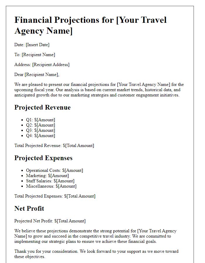 Letter template of travel agency financial projections