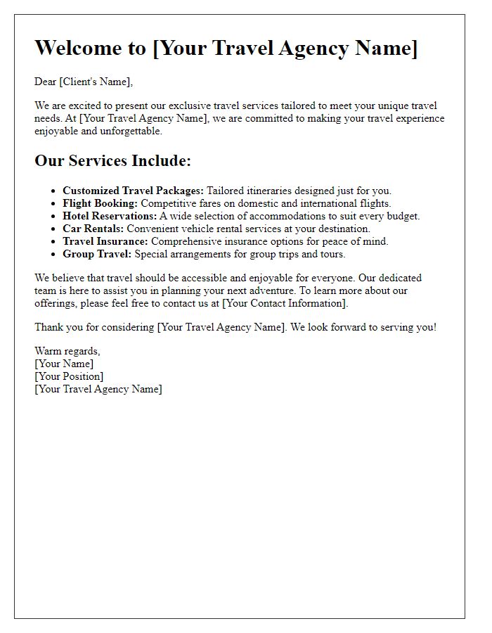 Letter template of travel agency service offerings