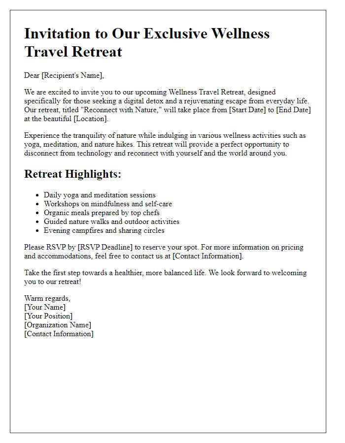 Letter template of wellness travel retreats for digital detox.