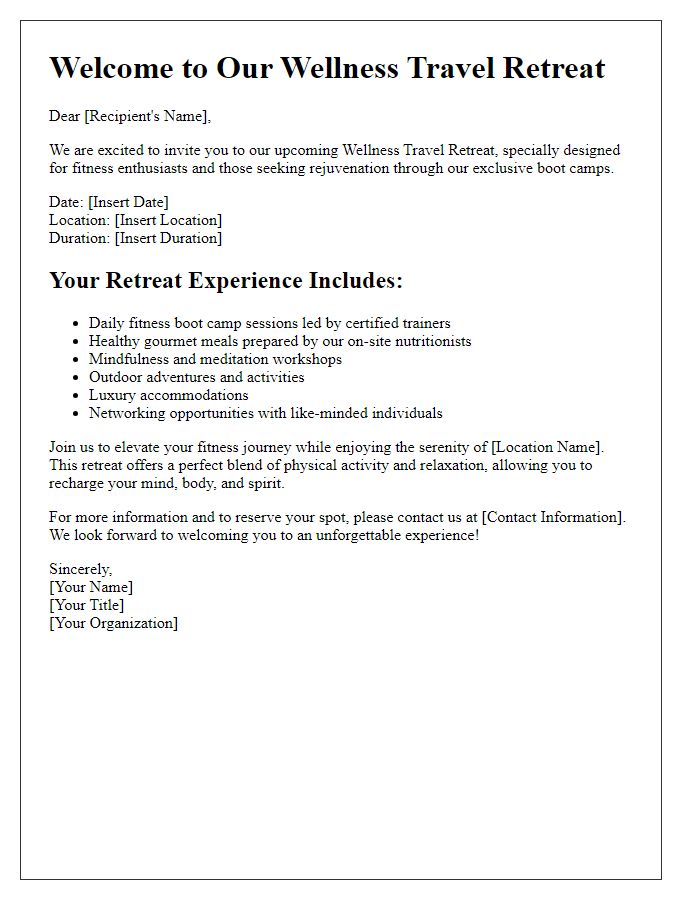 Letter template of wellness travel retreats for fitness boot camps.