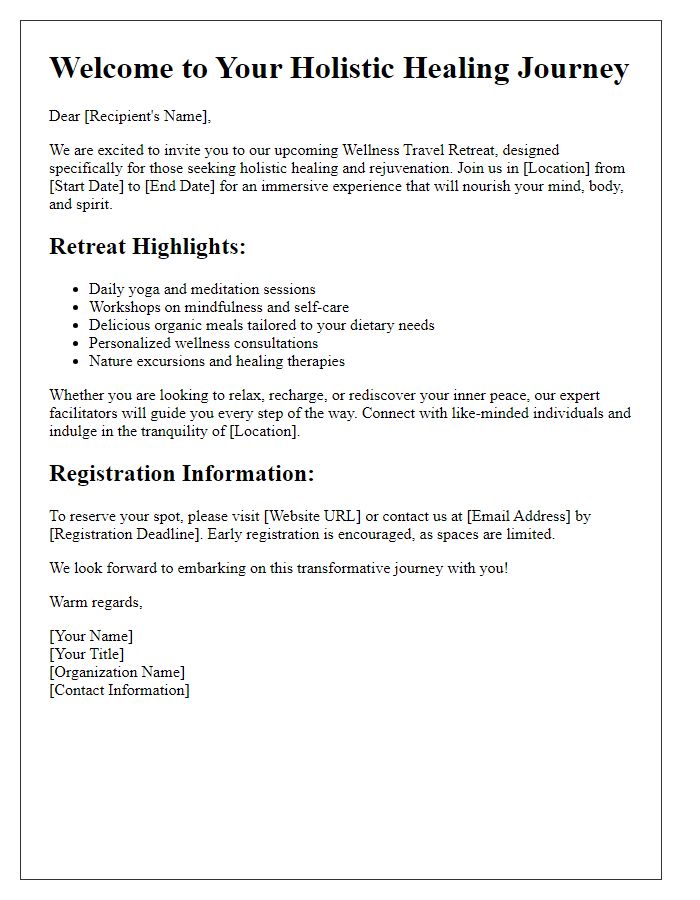 Letter template of wellness travel retreats for holistic healing.