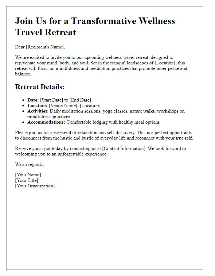 Letter template of wellness travel retreats for mindfulness and meditation.