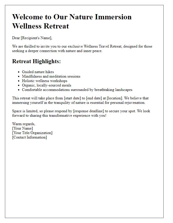 Letter template of wellness travel retreats for nature immersion.