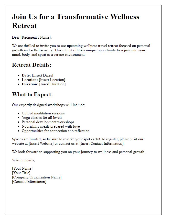 Letter template of wellness travel retreats for personal growth workshops.