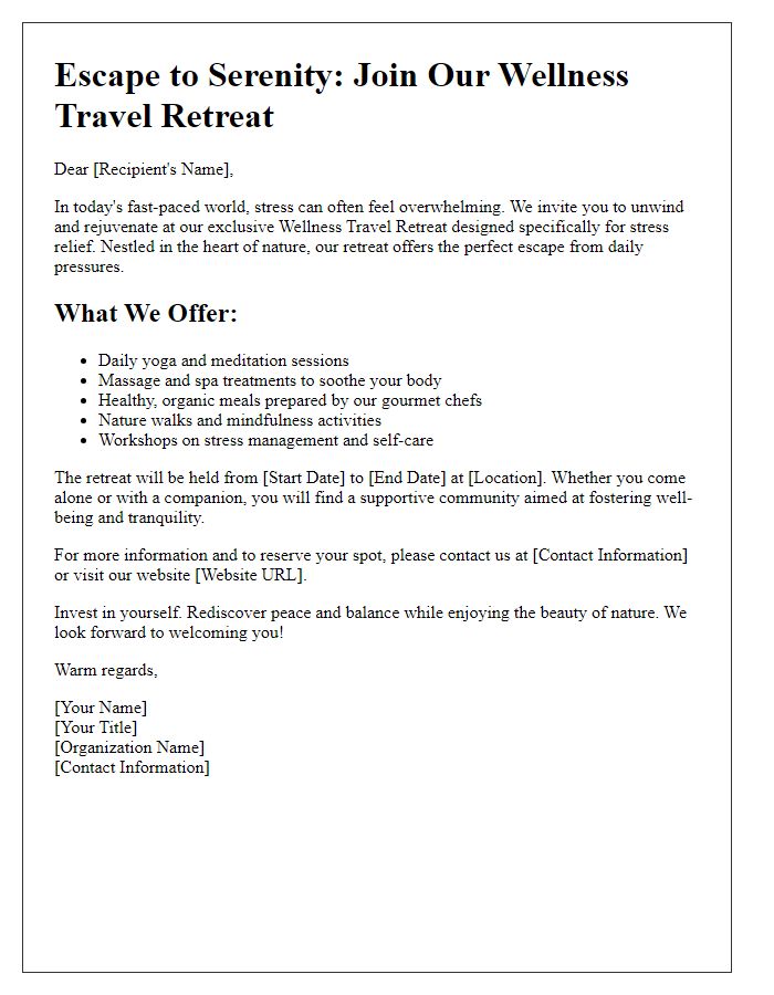 Letter template of wellness travel retreats for stress relief.